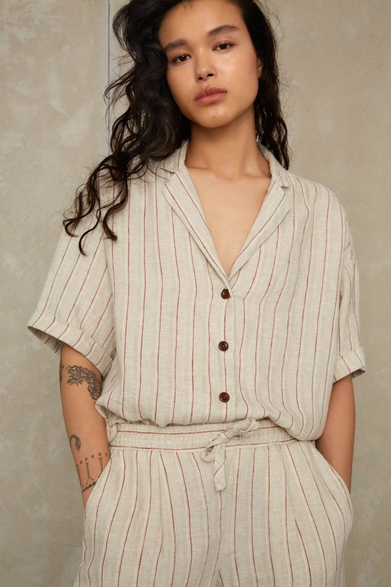 KINGS OF INDIGOAthalie Short Sleeve Shirt | Linen Stripe RedXS