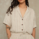 KINGS OF INDIGOAthalie Short Sleeve Shirt | Linen Stripe RedXS