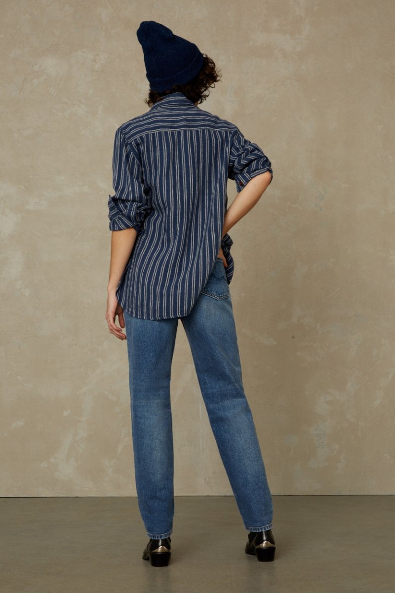 KINGS OF INDIGOCharlene Shirt | Linen Navy Double StripeXS