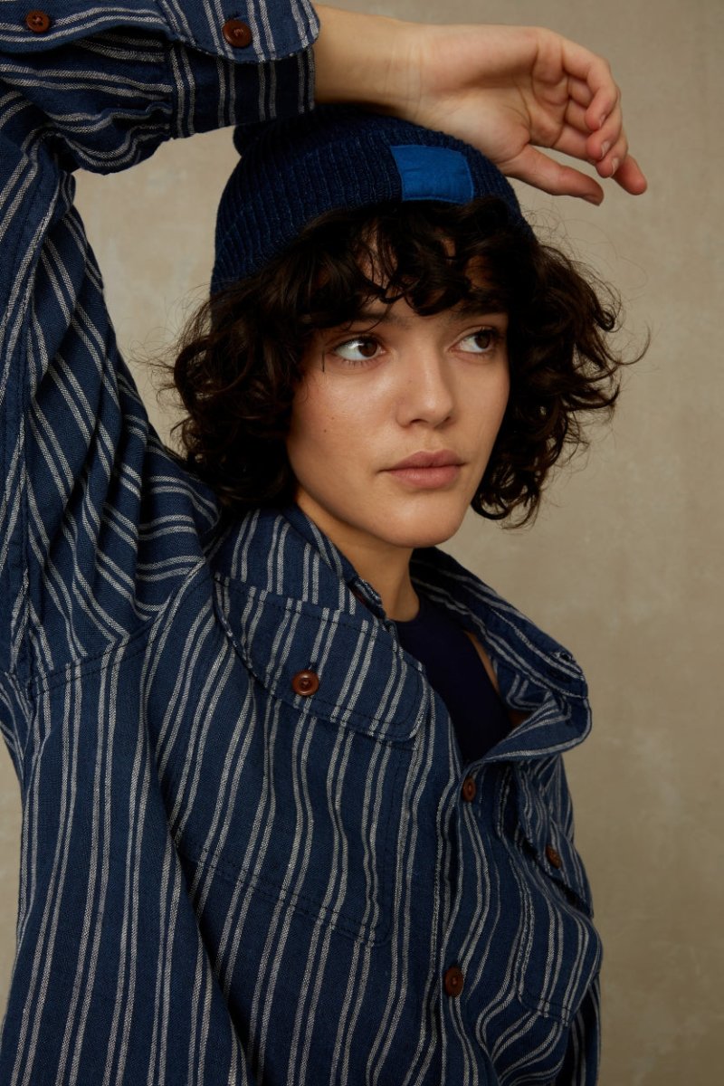 KINGS OF INDIGOCharlene Shirt | Linen Navy Double StripeXS