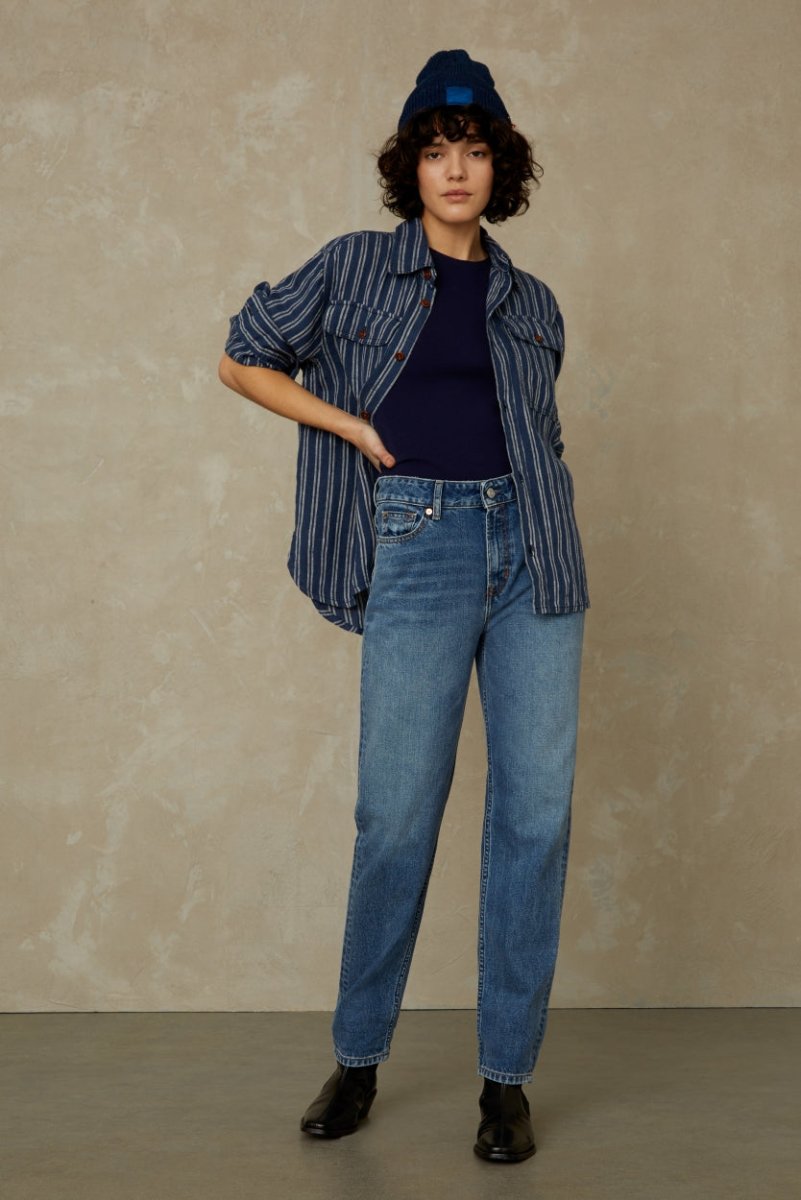 KINGS OF INDIGOCharlene Shirt | Linen Navy Double StripeXS
