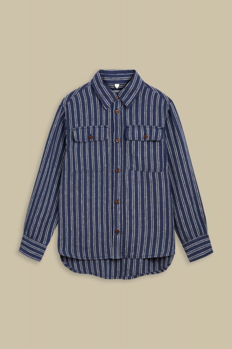 KINGS OF INDIGOCharlene Shirt | Linen Navy Double StripeXS