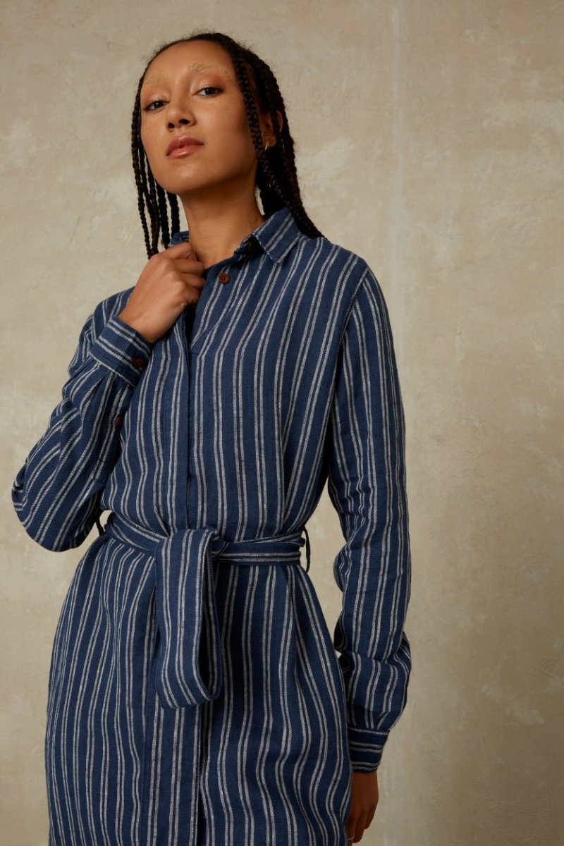 KINGS OF INDIGOMaggy Dress | Linen Navy Double StripeXS